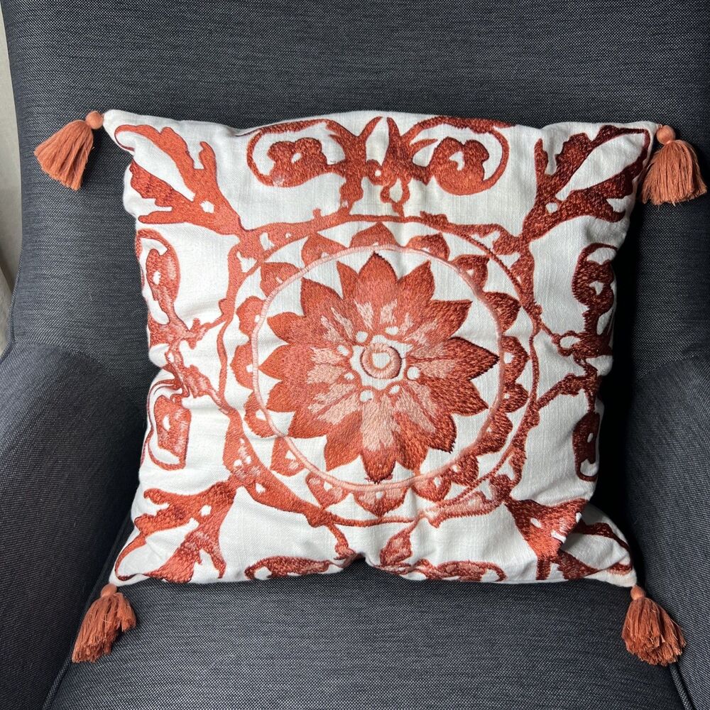 Boho Embroidered Floral Medallion Accent Pillow Rust White 20" x 20"  Tassels